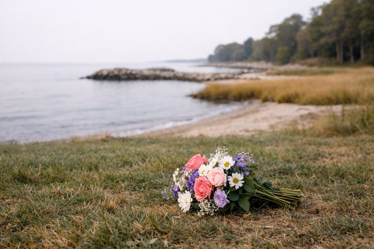 A small bouquet of fresh flowers resting on mown grass near a shoreline path, blurred water behind