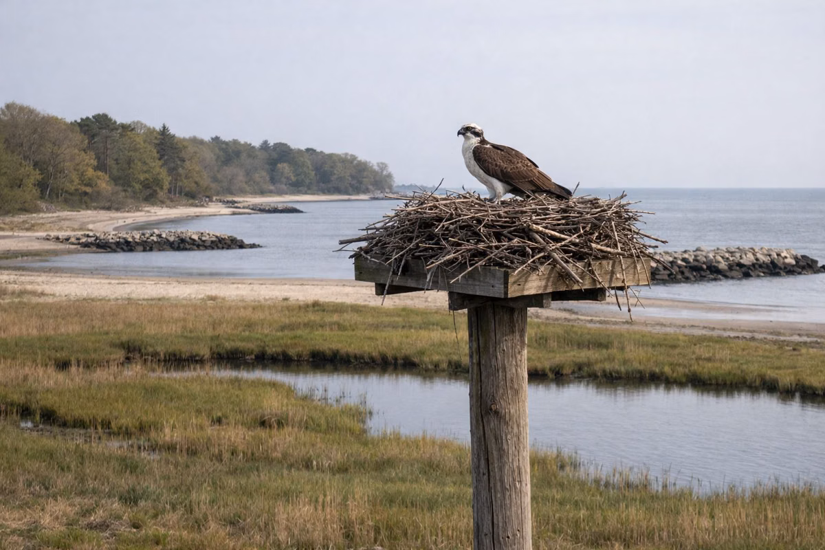 An osprey perched on a stick nest atop a wooden platform pole over a salt marsh