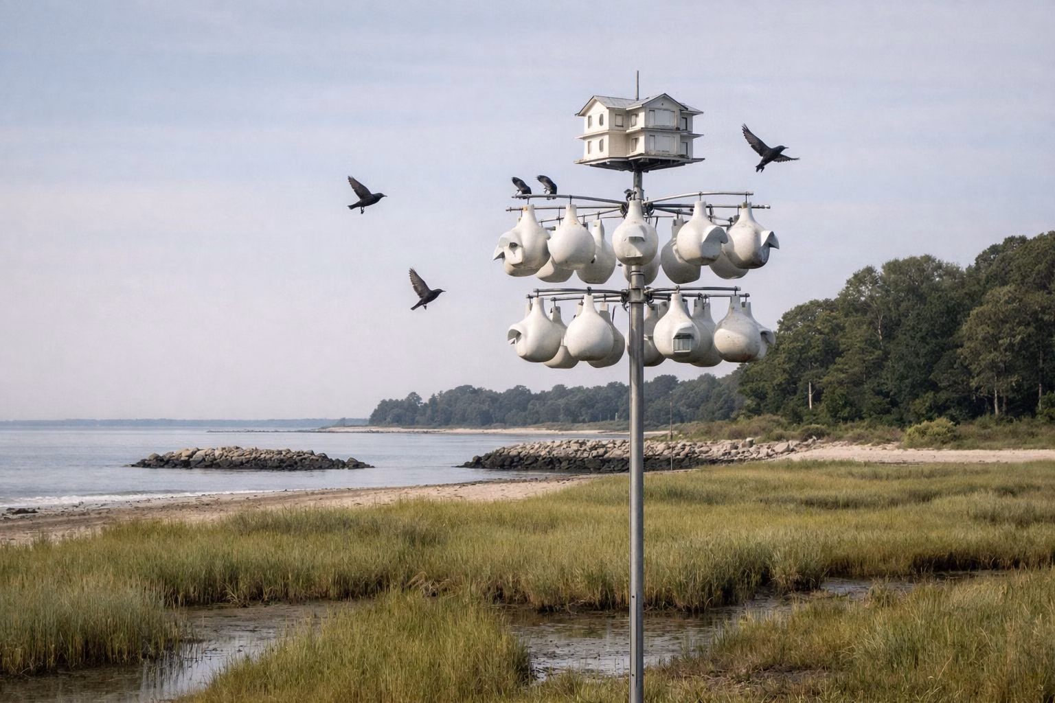 A pole of white gourd-style purple martin nesting houses over a marsh meadow, birds flying around it