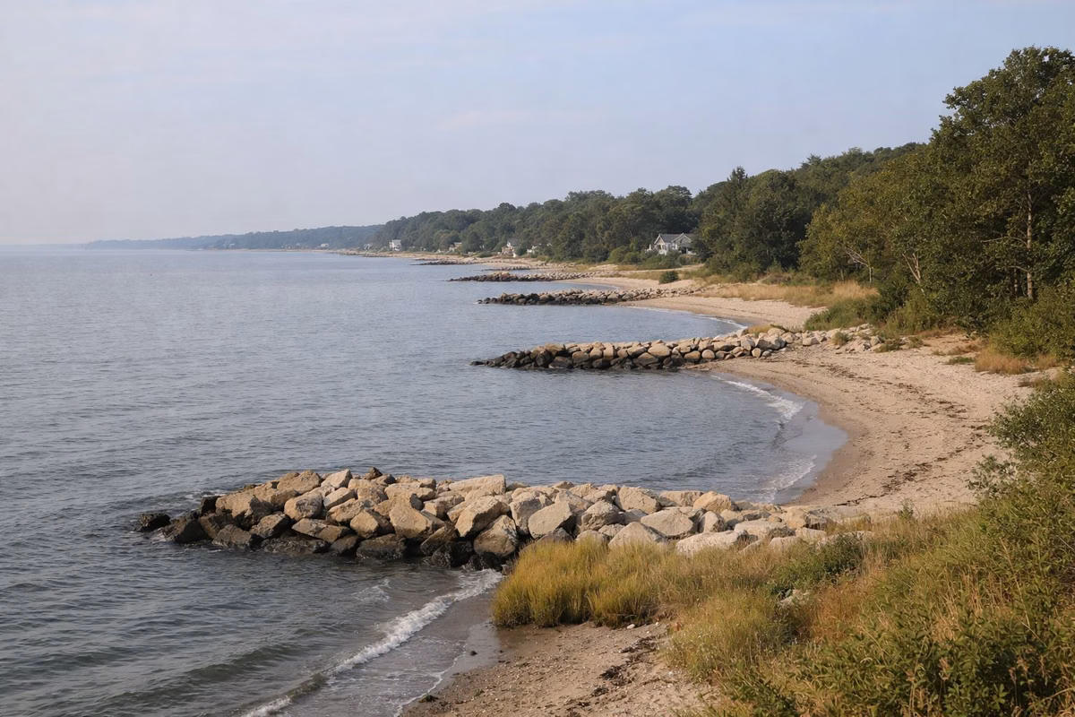 A long view down a coastline of small sandy beaches separated by rocky points, calm water