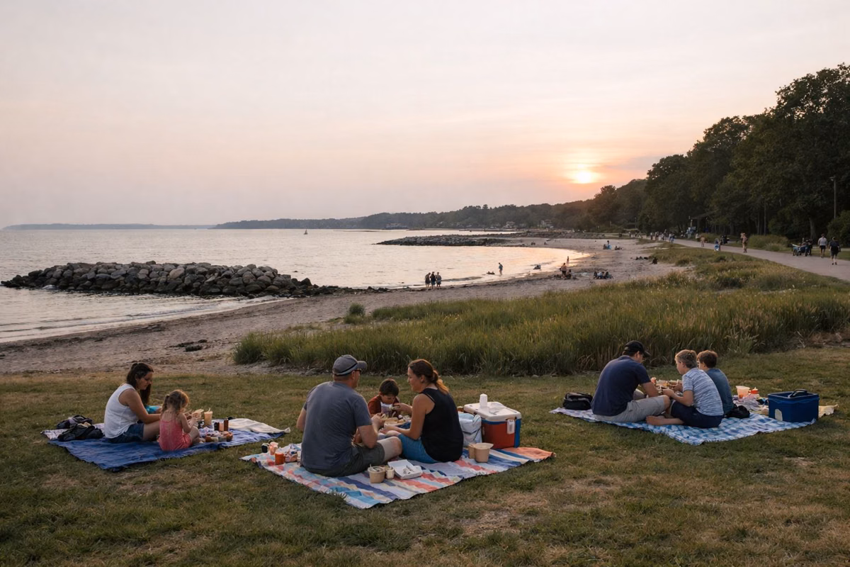 Families picnicking on a lawn beside a beachfront walkway at golden hour