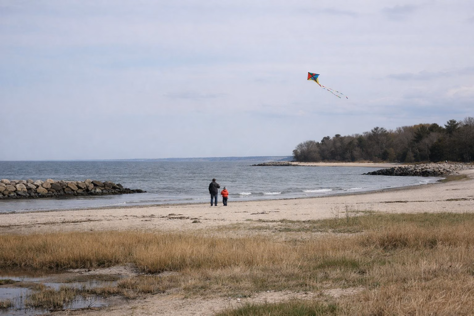 A parent and child flying a kite on a wide beach on a breezy day, seen from a distance
