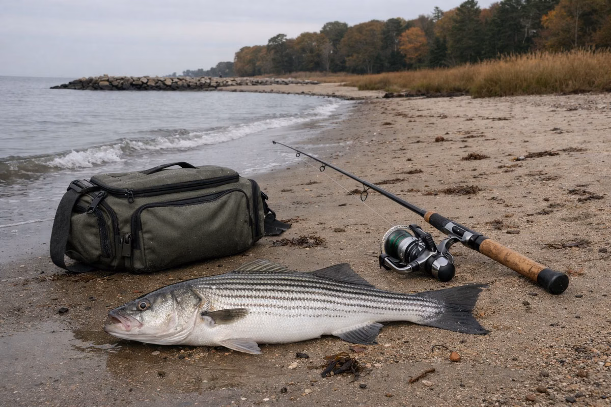 A striped bass lying on wet sand beside a fishing rod and a tackle bag, shoreline behind