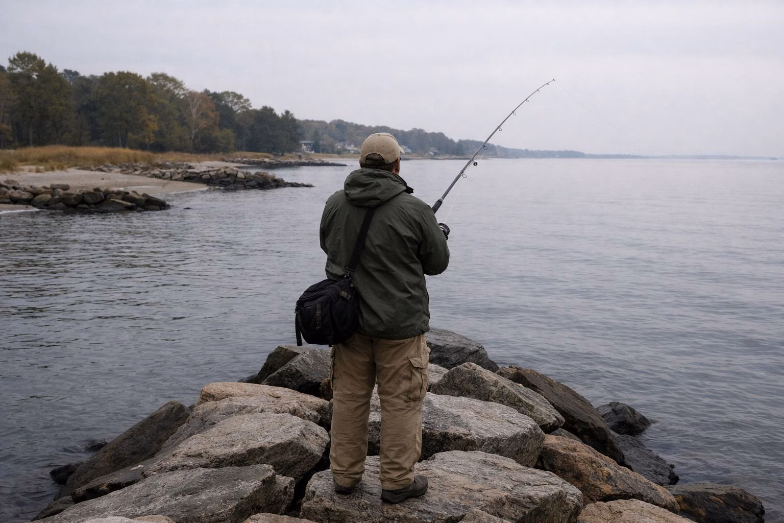 An angler surfcasting from the end of a rock jetty into calm grey-blue water, seen from behind