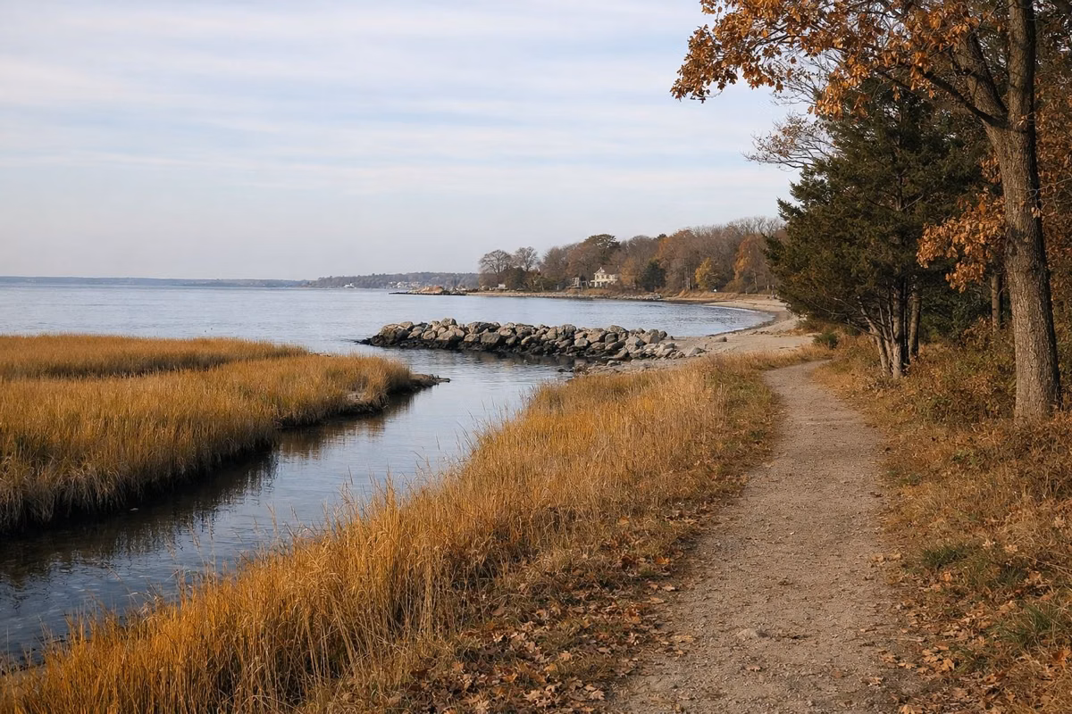 A footpath along a salt marsh edge with golden autumn spartina and a tidal creek