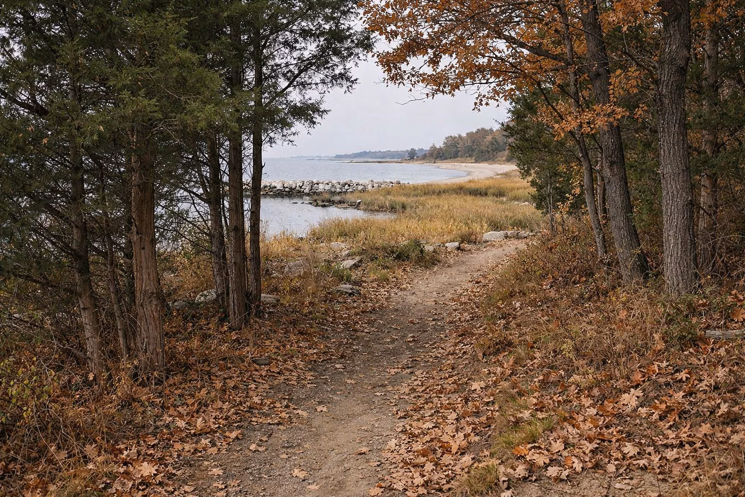 A narrow dirt walking path through mixed oak and eastern red cedar woods near the coast, fallen leaves