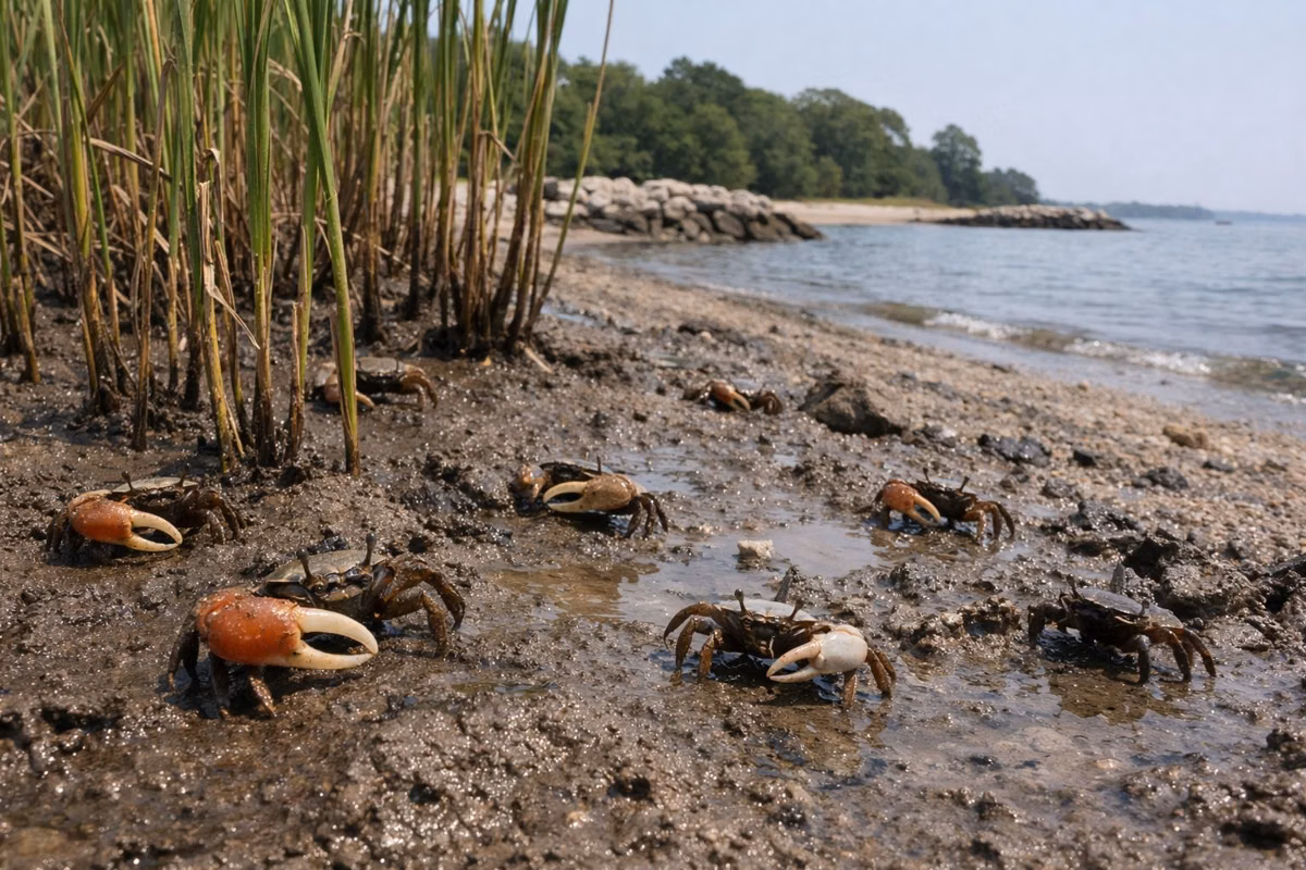 Close view of fiddler crabs on wet marsh mud among spartina stems