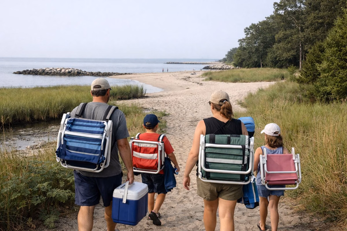 A family carrying beach chairs and a cooler along a path toward a sandy beach, seen from behind