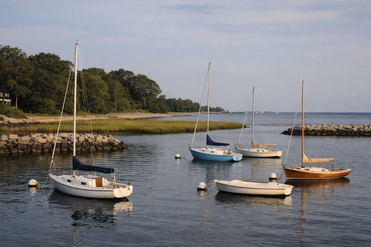 Small sailboats on moorings in a calm New England harbor