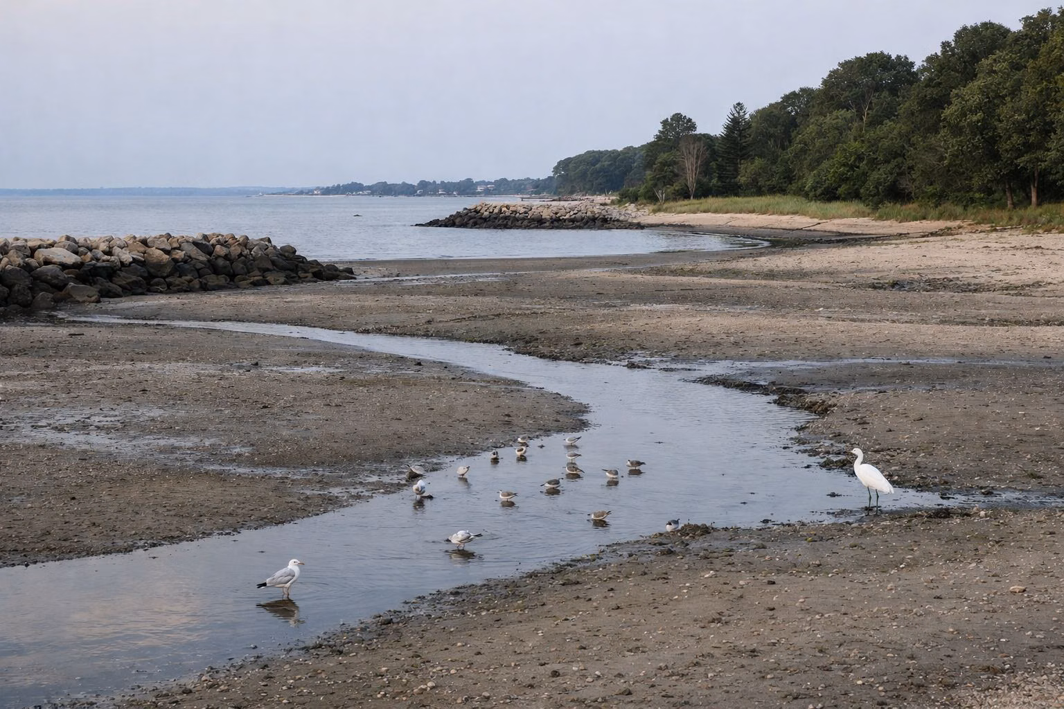 Low tide exposing wet sand flats and a tidal channel along a shoreline, birds feeding